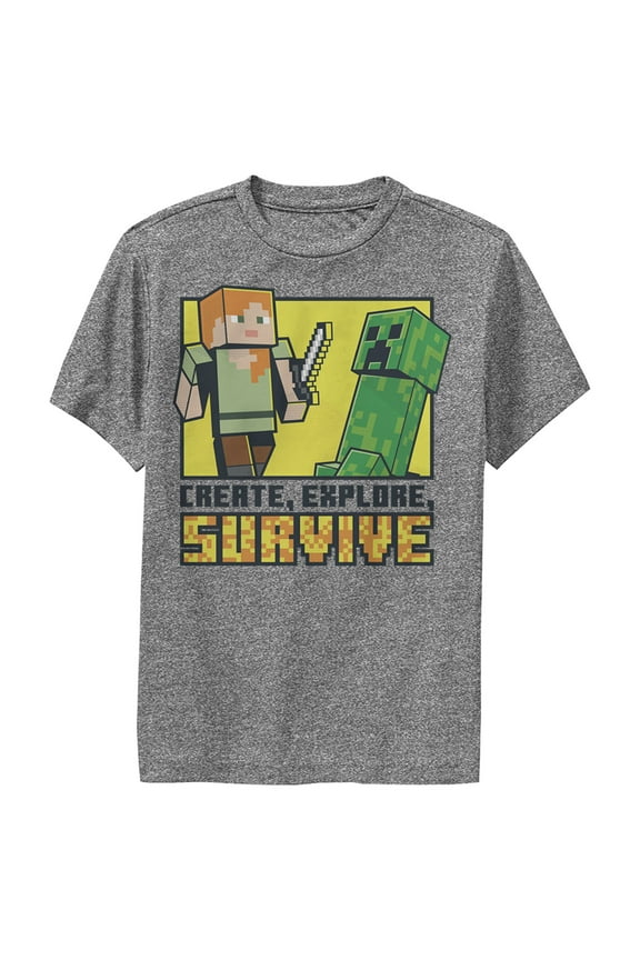 Boy's Minecraft Create Explore Survive Performance Graphic Tee Charcoal Heather Small