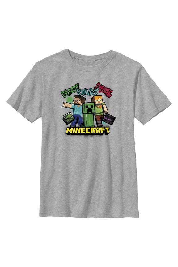 Boy's Minecraft Create Survive Explore Alex and Steve Graphic Tee Athletic Heather X Large