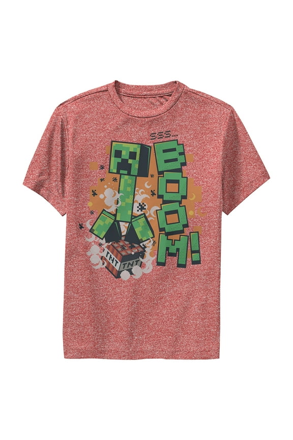 Boy's Minecraft Creeper Boom Performance Graphic Tee Red Heather Small
