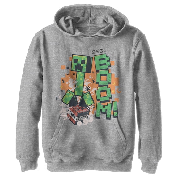 Boy's Minecraft Creeper Boom Pull Over Hoodie Athletic Heather Medium