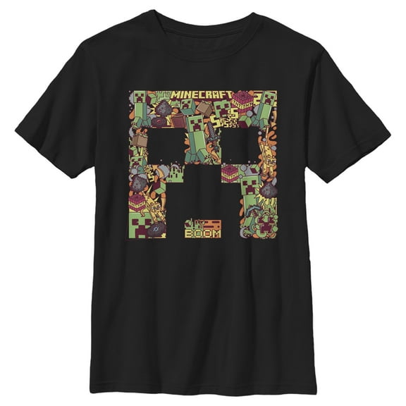 Minecraft Creeper Collage Boys T-Shirt, Black, Short Sleeve, Cotton Blend,