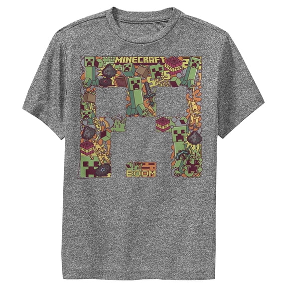 Boy's Minecraft Creeper Collage Performance Graphic Tee Charcoal Heather Medium