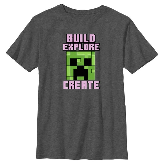 Boy's Minecraft Creeper Face Build Explore Create Graphic Tee Charcoal Heather Medium