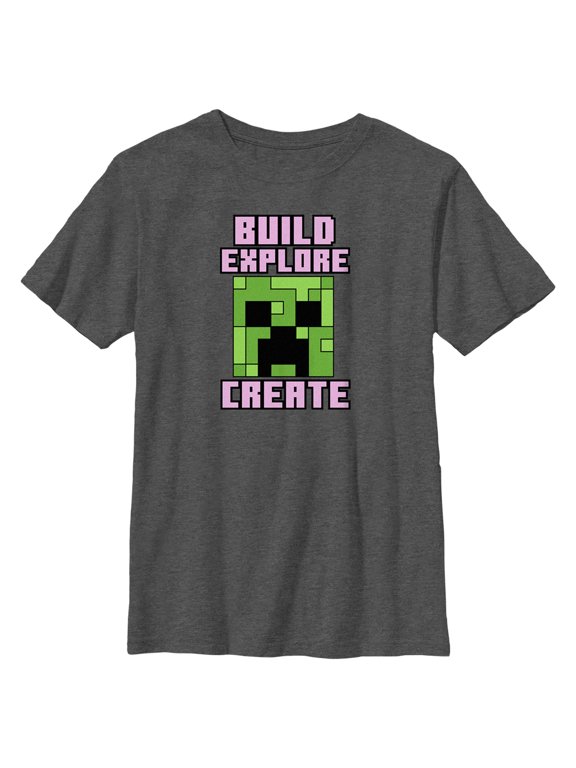 Boy's Minecraft Creeper Face Build Explore Create Graphic Tee Charcoal Heather Medium