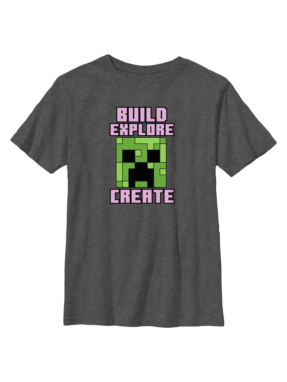 Boy's Minecraft Creeper Face Build Explore Create Graphic Tee Charcoal Heather X Large