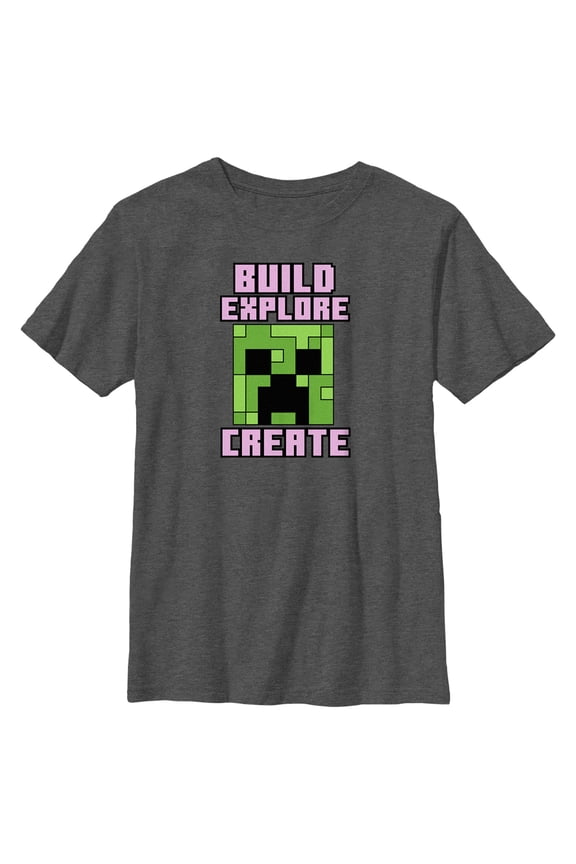 Boy's Minecraft Creeper Face Build Explore Create Graphic Tee Charcoal Heather X Large