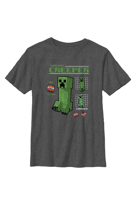 Boy's Minecraft Creeper Graph Charged  Graphic Tee Charcoal Heather Large