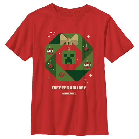 Boy's Minecraft Creeper Holiday Wreath  Graphic Tee Red Small