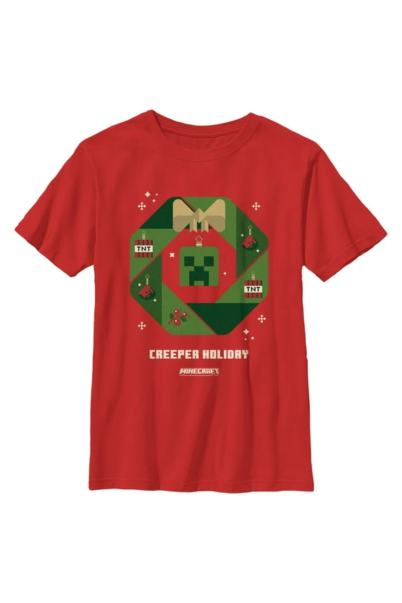 Boy's Minecraft Creeper Holiday Wreath Graphic Tee Red Small