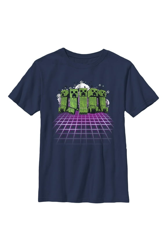 Boy's Minecraft Creeper Holographic Grid Floor  Graphic Tee Navy Blue Large