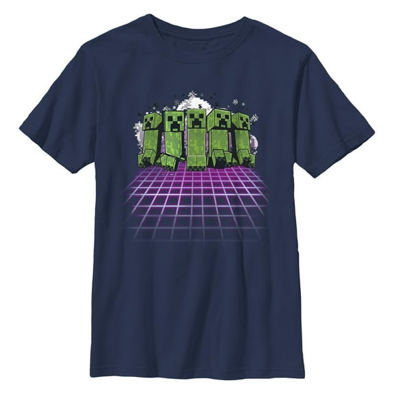 Boy's Minecraft Creeper Holographic Grid Floor Graphic Tee Navy Blue X Large