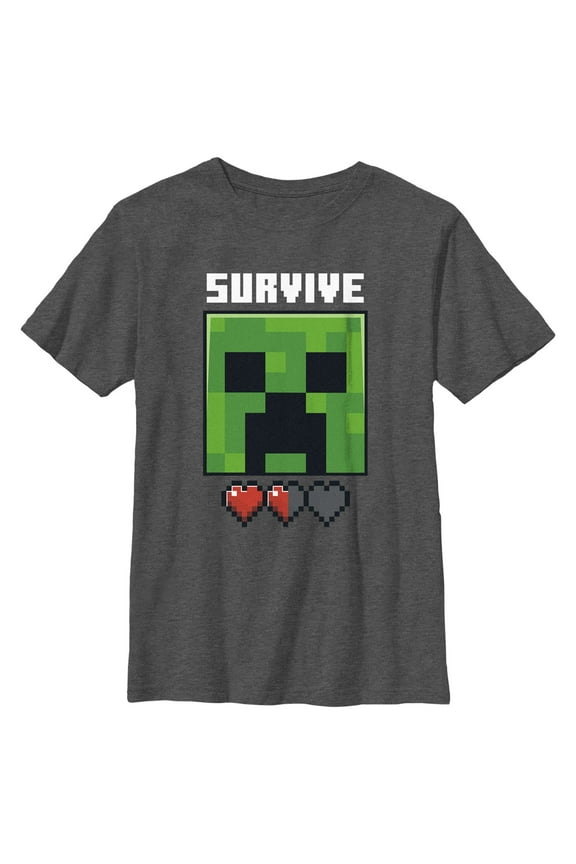 Boy's Minecraft Creeper Survive Hearts  Graphic Tee Charcoal Heather X Large