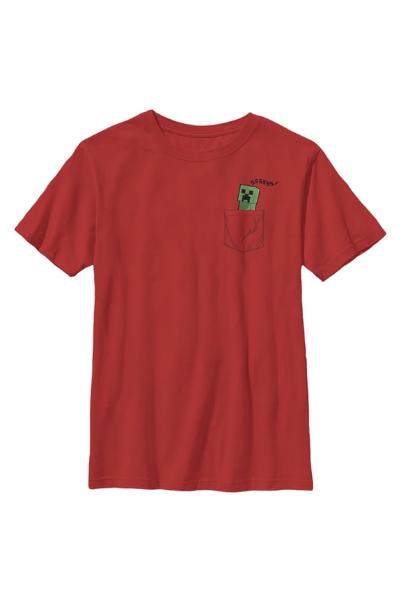 Boy's Minecraft Faux Pocket Creeper Graphic Tee Red Small
