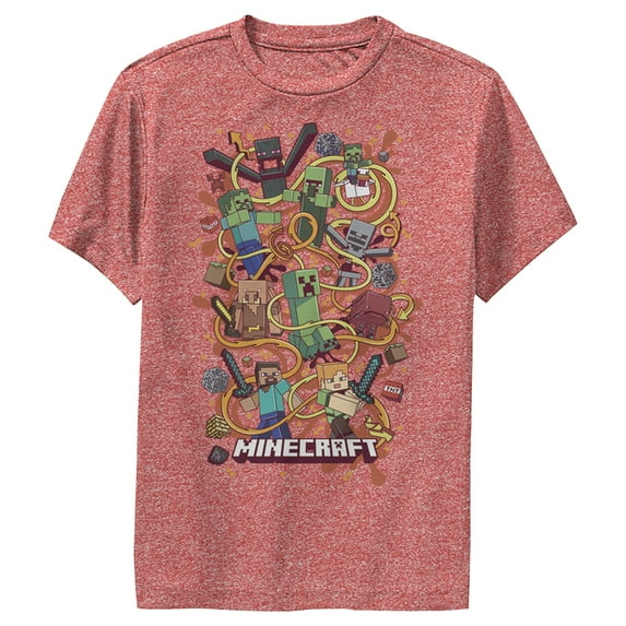 Boy's Minecraft Group Shot Performance Graphic Tee Red Heather Large