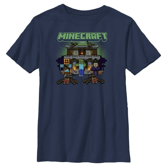 Boy's Minecraft Halloween Creeper Haunted House  Graphic Tee Navy Blue Medium
