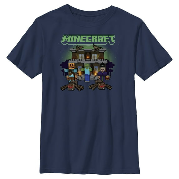 Boy's Minecraft Halloween Creeper Haunted House Graphic Tee Navy Blue X Small