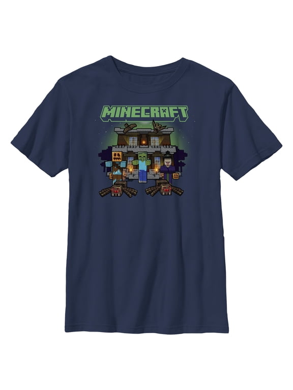 Boy's Minecraft Halloween Creeper Haunted House Graphic Tee Navy Blue X Small