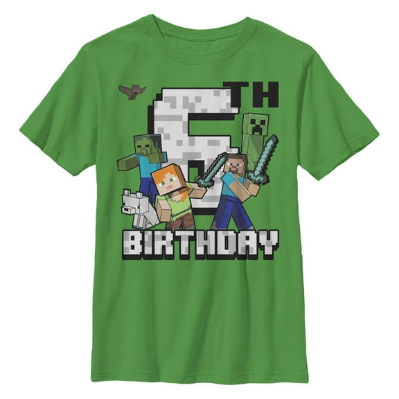 Minecraft Boy's Happy 6th Birthday Graphic T-Shirt, Kelly Green,
