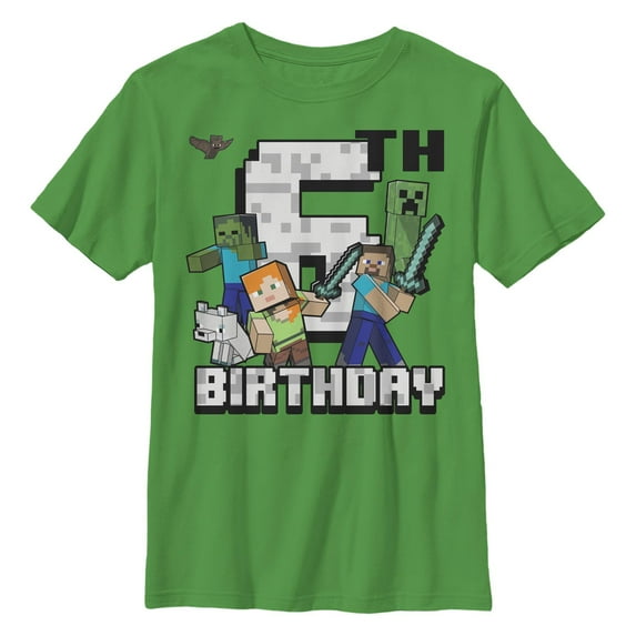 Minecraft Boy's Happy 6th Birthday Graphic T-Shirt, Kelly Green,