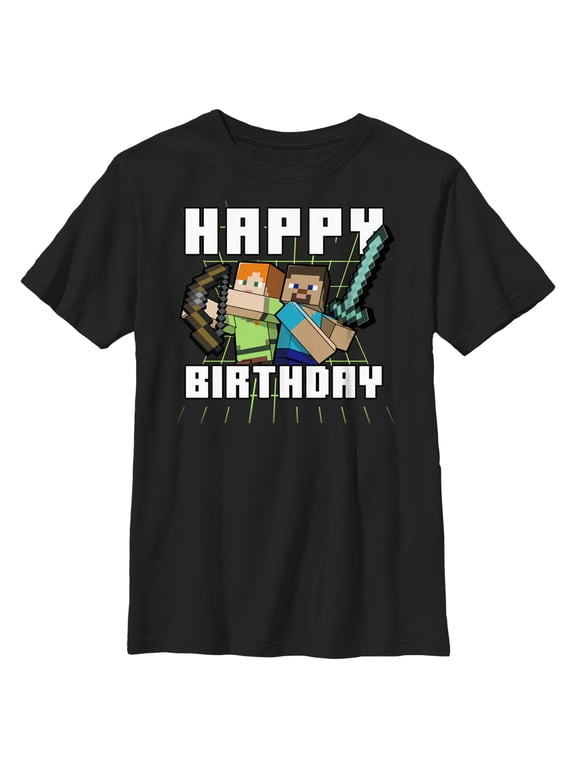Boy's Minecraft Happy Birthday Steve and Alex Graphic Tee Black Large