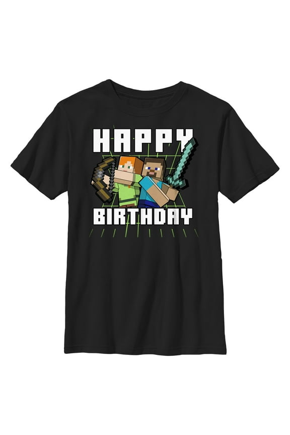 Boy's Minecraft Happy Birthday Steve and Alex Graphic Tee Black Small