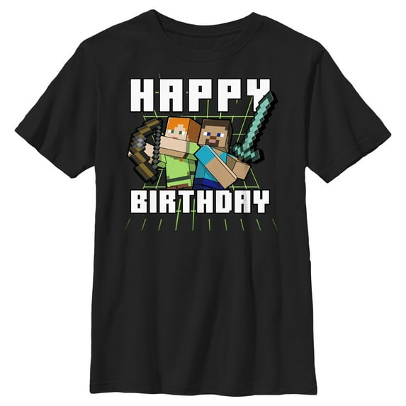 Boy's Minecraft Happy Birthday Steve and Alex Graphic Tee Black X Small