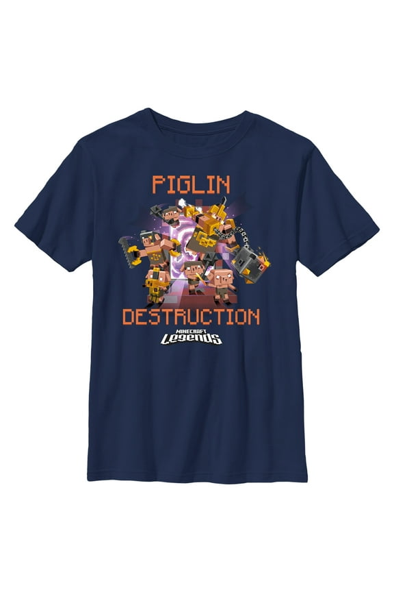 Boy's Minecraft Legends Piglin Destruction  Graphic Tee Navy Blue X Large