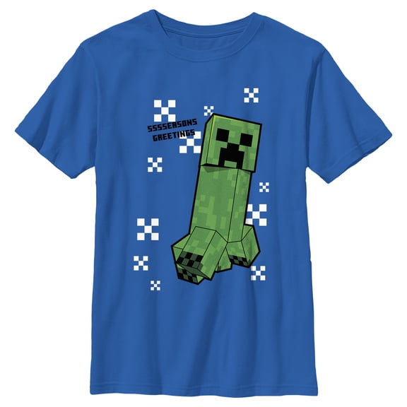 Boy's Minecraft SSSSeasons Greetings Creeper Graphic Tee Royal Blue Small
