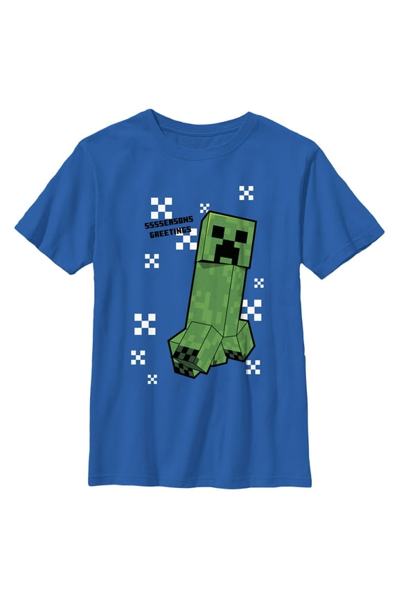 Boy's Minecraft SSSSeasons Greetings Creeper  Graphic Tee Royal Blue Small