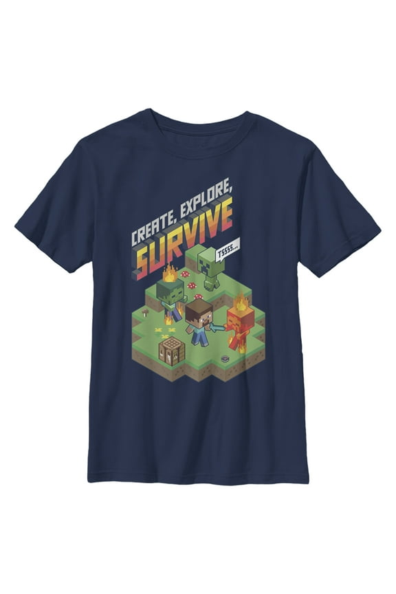 Boy's Minecraft Steve Create Explore Survive Graphic Tee Navy Blue Large