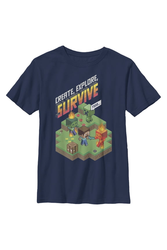 Boy's Minecraft Steve Create Explore Survive Graphic Tee Navy Blue Small