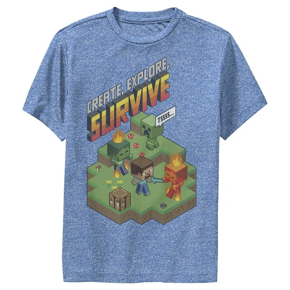 Boy's Minecraft Steve Create Explore Survive Performance Graphic Tee Royal Blue Heather X Large