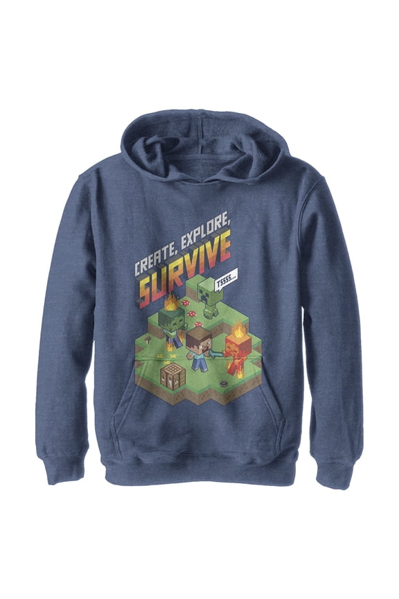 Boy's Minecraft Steve Create Explore Survive Pull Over Hoodie Navy Blue Heather Medium