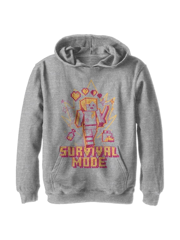 Boy's Minecraft Survival Mode Sketch Pull Over Hoodie Athletic Heather Medium