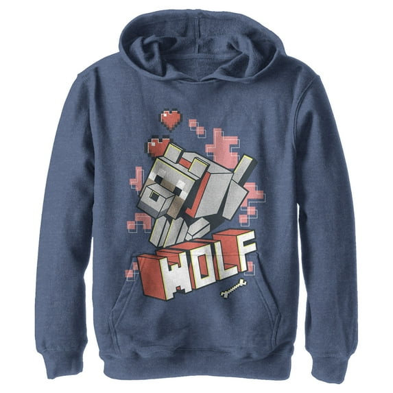 Boy's Minecraft Wolf Pull Over Hoodie Navy Blue Heather Small