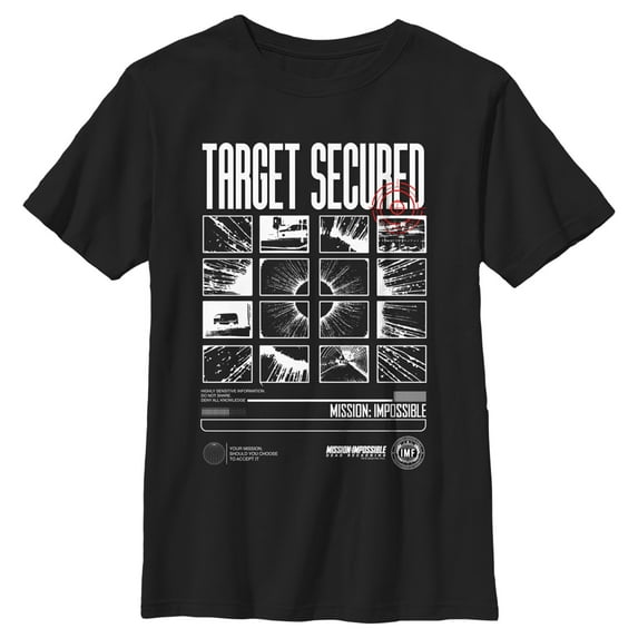 Boy's Mission: Impossible Dead Reckoning Target Secured Black and White TV Graphic Tee Black Medium