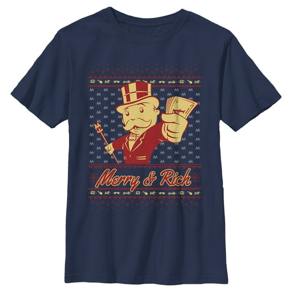 Boy's Monopoly Merry and Rich  Graphic Tee Navy Blue Medium