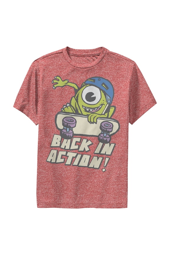 Boy's Monsters Inc Mike Back in Action  Performance Graphic Tee Red Heather Large