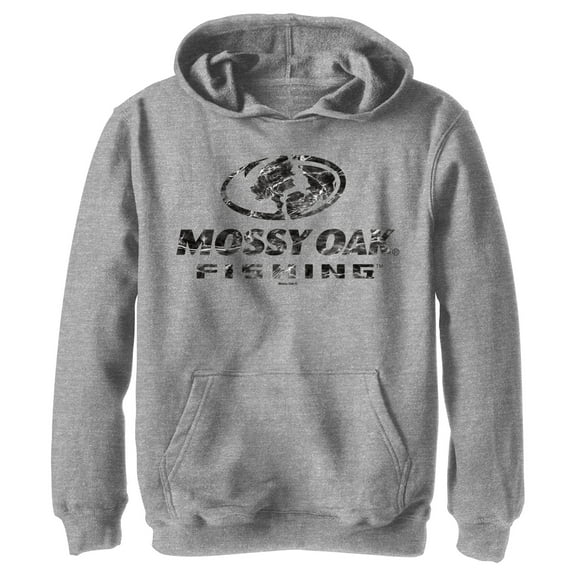 Boy's Mossy Oak Black Water Fishing Logo Pull Over Hoodie Athletic Heather Small