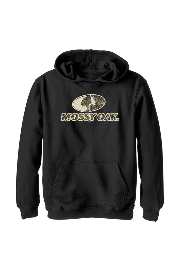 Boy's Mossy Oak Classic Camouflage Logo Pull Over Hoodie Black X Large