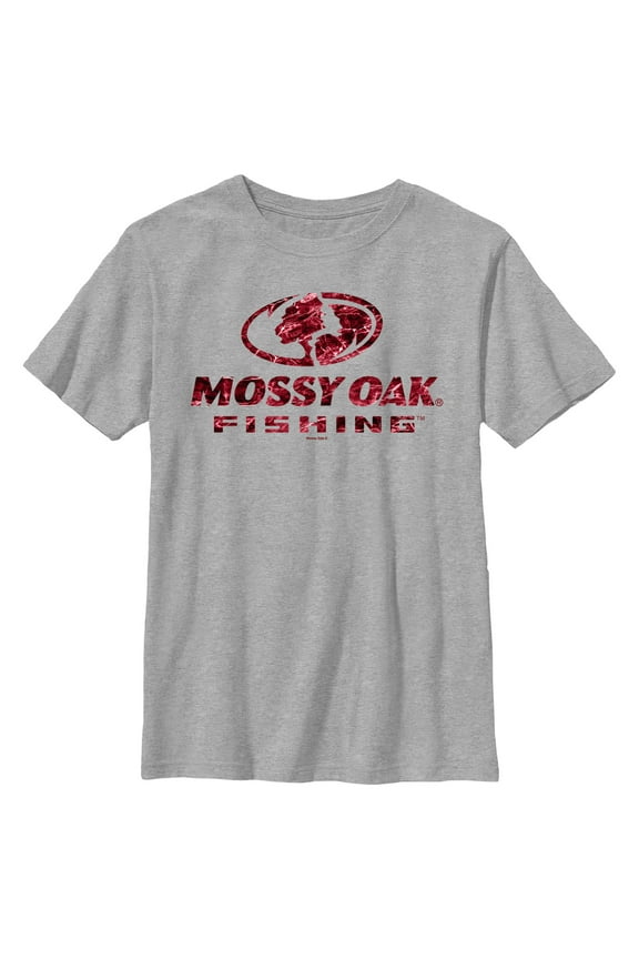 Boy's Mossy Oak Red Water Fishing Logo Graphic Tee Athletic Heather Small