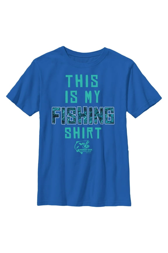 Boy's Mossy Oak This Is My Fishing Shirt Aqua Logo Graphic Tee Royal Blue Large