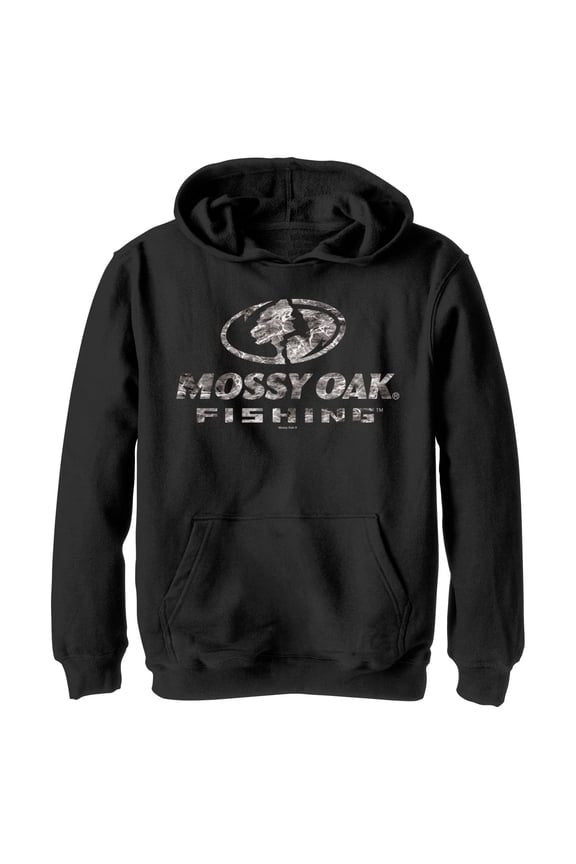 Boy's Mossy Oak Water Fishing Logo Pull Over Hoodie Black Medium