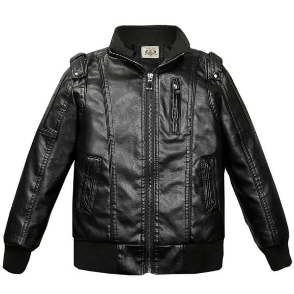 Boy's Motorcycle Faux Leather Jackets Full Zip Long Sleeve Stand Collar Leather Coat Cool Trendy PU Outwear with Pockets