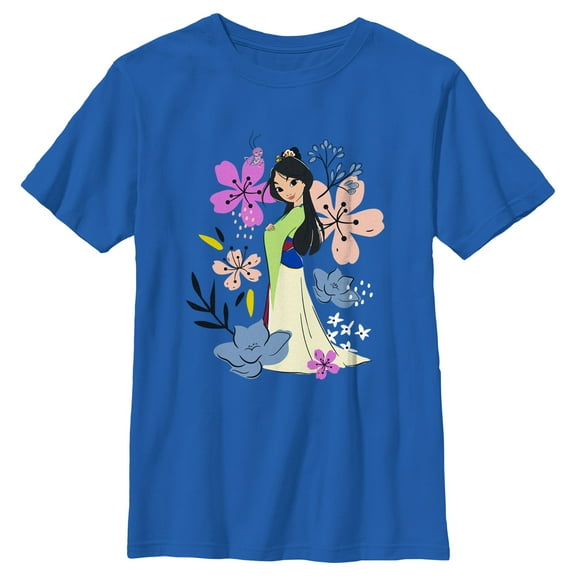 Boy's Mulan Floral Doodles Graphic Tee Royal Blue Large