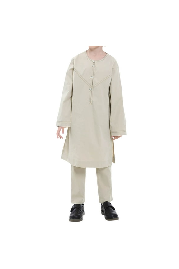 Boy's Muslim Robe Arab Middle Robe 2 Piece Outfits Long Style Sleeve Long Shirt + Pants Fashion Casual Robe Sets Beige L