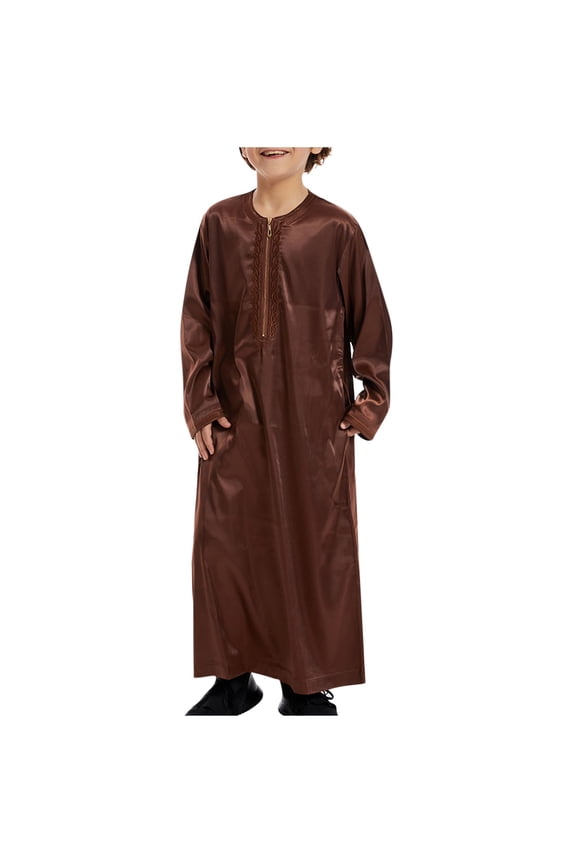 Boy's Muslim Thobe Arab Islamic Kaftan Half Zip Embroidered Robe Islamic Arabic Abaya Ethnic Dress With Pockets