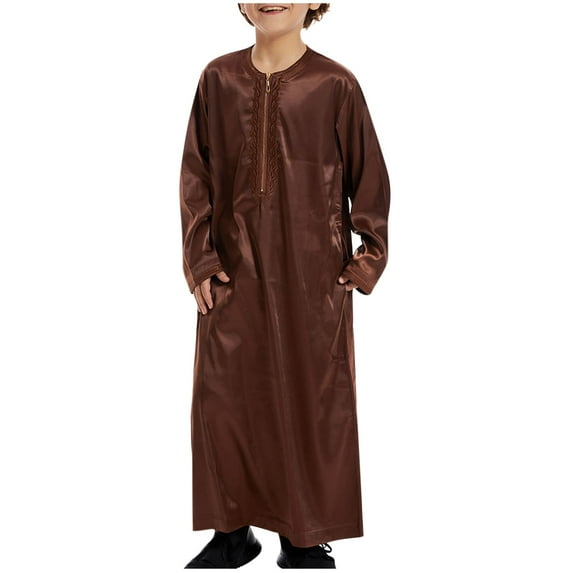 Boy's Muslim Thobe Arab Islamic Kaftan Half Zip Embroidered Robe Islamic Arabic Abaya Ethnic Dress With Pockets
