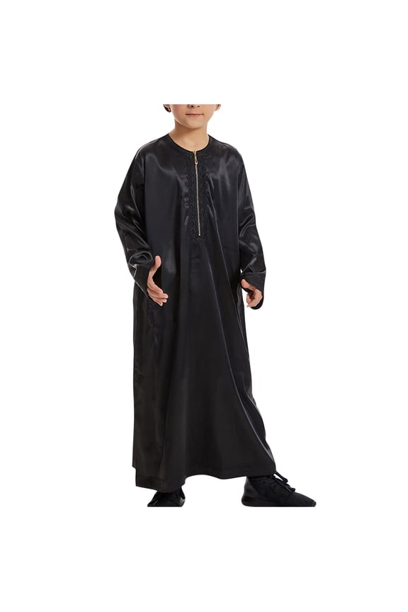 Boy's Muslim Thobe Arab Islamic Kaftan Half Zip Embroidered Robe Islamic Arabic Abaya Ethnic Dress With Pockets