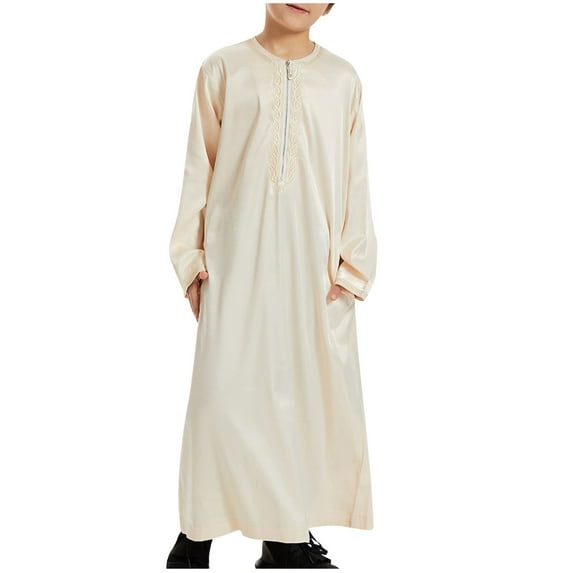 Boy's Muslim Thobe Arab Islamic Kaftan Half Zip Embroidered Robe Islamic Arabic Abaya Ethnic Dress With Pockets